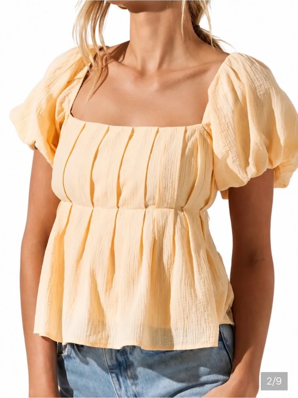 Astr puff-sleeve square-neck peplum top in pale yellow